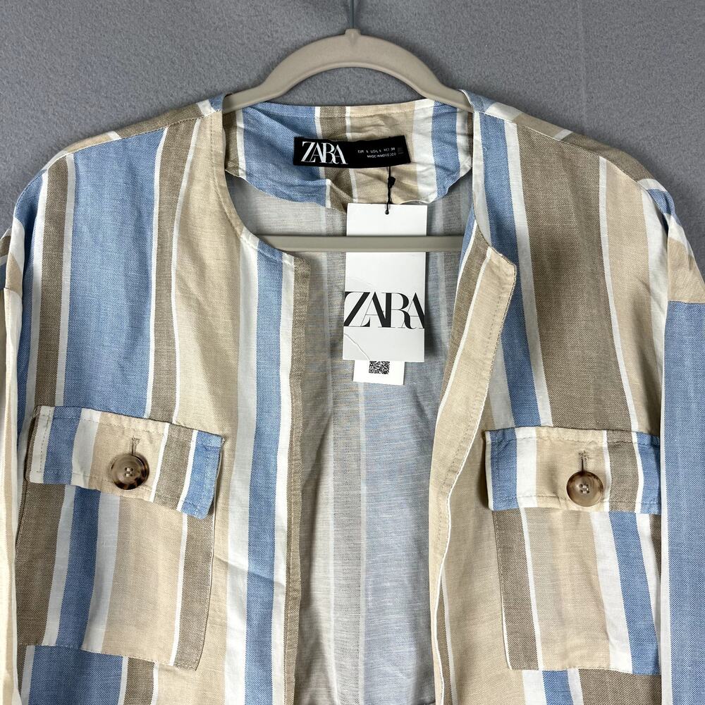 Zara Jacket Womens Large Striped Blue Linen BlendOpen Front Peplum Coastal NWT - Picture 2 of 16